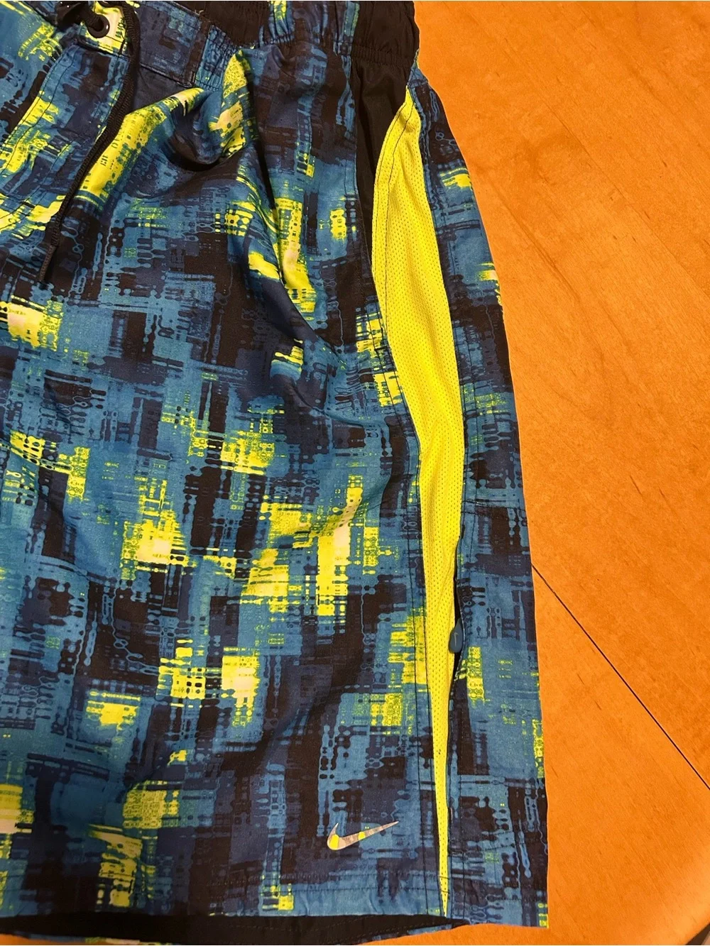 Nike Men’s Blue, Black & Neon Yellow Patterned Swim Shorts